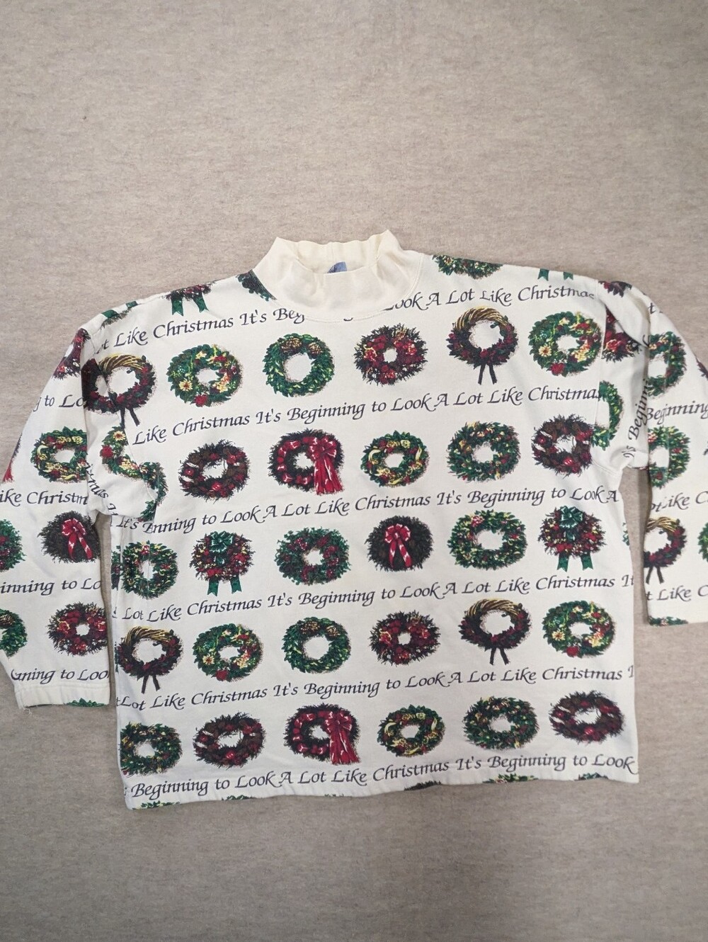 Vintage 90s Unique Mock Neck Christmas Wreath Print Sweatshirt Lyrics Holiday XL